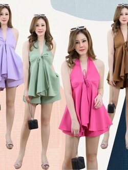 kudapy Set 2 ชิ้น #สาวอวบ เซทเสื้อคล้องคอ ผูกอก + กางเกงขาสั้นไปทะเล