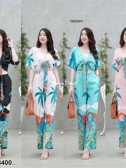 kudapy Set 2 ชิ้น เสื้อผูกโบว์อก พิมพ์ลาย + กางเกงขายาว พิมพ์ลายทะเล