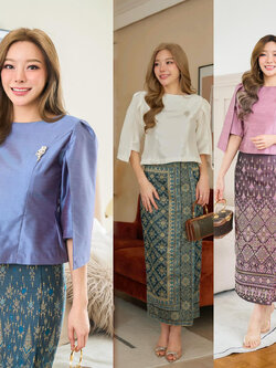 kudapy ชุดเซ็ท เสื้อผ้าไหมแพรทิพย์พรีเมี่ยมอัดกาวอย่างดี+ผ้าถุงตัดสำเร็จรูปทอลายอัดกาว