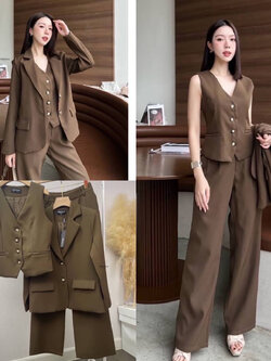 kudapy Setsuit 3 ชิ้น เสื้อกั้กกระดุมหน้า พร้อมกับเสื้อสูททรงโอเวอร์ไซส์กระเป๋าจริง กางเกงทรงปล่อยตรง ซิปตะขอหน้าไม่สม้อค