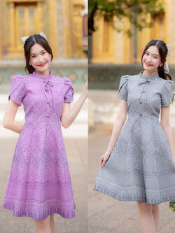 kudapy เดรสสั้นสีม่วง/สีเทา/สีเหลือง เดรสไทยทรงบานแขนกลีบบัว