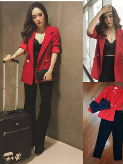 kudapy ชุดเซทเสื้อสูทสีแดง + เสื้อบรา + กางเกงขายาว เนื้อผ้าดีมาก ผ้าดีทั้งชุด M