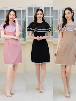 kudapy เดรสสั้นสีดำ/สีชมพู/สีน้ำตาล งานผ้าสีพื้น แต่งชั้นระบาย 2 ชั้นช่วงบน โทนสีสุภาพสามารถใส่ไปทำงาน