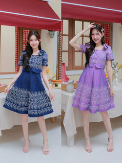 kudapy เดรสผ้าไทยกระโปรงบานแต่งโบว์ไหล่