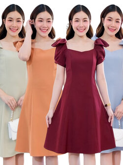 kudapy เดรสสั้นสีฟ้าอมเทา,เขียวอมเทา,สีโอรส,สีครีมนู้ด แขนตุ๊กตา ดีเทลบ่าโบว์ ทรงอกหัวใจ แพทเทิร์นนี้ใส่สวย