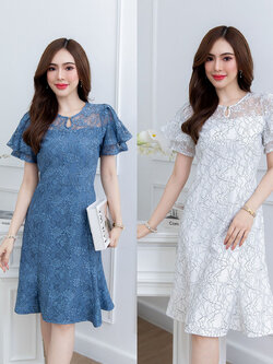 kudapy เดรสสั้นสีขาว/สีคราม ลูกไม้แขนบอลลูนสองชั้น ทรงสวย ช่วงคอมีดีเทลกระดุมหยดน้ำน่ารัก งานเย็บสวย