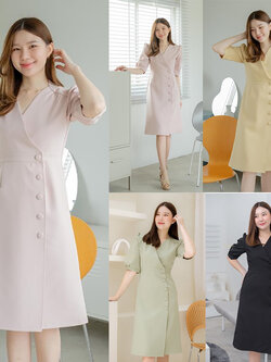 kudapy เดรสสั้นสีชมพูอ่อน,สีเหลือง,สีเขียว,สีดำ,สีชมพูนู้ด,สีแดงไวน์ ผ้านาโนเนื้อดี คอวีแขนตุ๊กตา