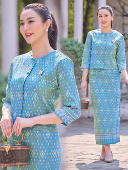 kudapy ชุดผ้าไทย เสื้อผ้าไหม จันทร์วาด ทอลายทรงเรือนต้น - ผ้าถุง ทอลายกวินตรา ชุดออกงาน ไปวัด ทำบุญ