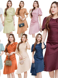 kudapy ชุดเดรสสั้นใส่ออกงาน คอกลมจับจีบระบาย เดรสทรงบานแต่งระบาย ผ้าเครปซาตินนุ่มลื่นใส่สบาย ชุดยาว 40 นิ้ว