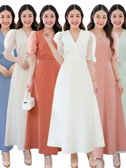 kudapy เดรสยาวไปงานสีชมพูเข้ม,สีเขียวอ่อน,สีครีม,สีส้มชาไทย,สีขาว,สีฟ้าคราม คอวีสอบ แขนตุ๊กตา แต่งผ้า organza แขนใส่ยางยืด จีบระบายคิ้วท์ๆ เข้ารูปช่วงเอว กระโปรงบานพริ้ว