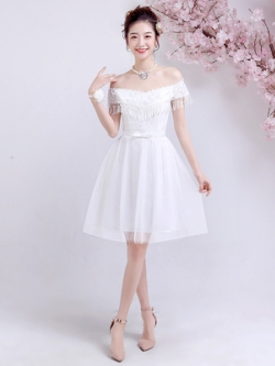 เดรสราตรีสีขาว/เทา/ชมพู/แดง ออกงานสั้น ทรงเปิดไหล่