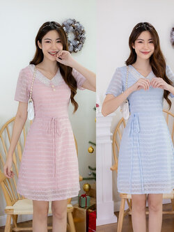 kudapy เดรสสั้นสีชมพู/สีฟ้า คอปกทอง+เชือกผูกเอว