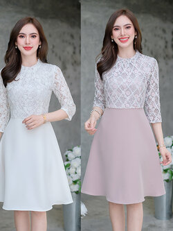 kudapy เดรสสั้นสีขาว/สีโทนชมพูกะปิอ่อน ลูกไม้เกรดพรีเมียมตัดต่อกระโปรงพื้น สวยหรู ผ้าลูกไม้มีเทคเจอร์เป็นเส้น