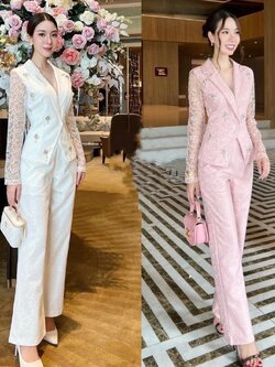 kudapy เซตเสื้อลูกไม้คอปกทรงสูท+กางเกงขายาวทรงกระบอกสีขาว ,สีชมพู