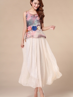 kudapy เซ็ตเสื้อแขนกุด+กระโปรงยาวผ้าชีฟองสีครีม พร้อมเข็มขัดเหมือนแบบ