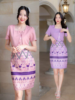 kudapy เดรสสั้นสีชมพู/สีม่วง ผ้าทอกั๊กพื้นกระโปรงลายไทย