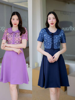 kudapy เดรสสั้นสีกรม/สีม่วง แต่งเสื้อลายไทยคอบัวผูกโบว์