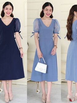 kudapy เดรสสั้นสีฟ้าอมเทา/สีกรมท่า ไปงานคอวี แขนตุ๊กตาผ้าแก้ว แต่งโบว์แขนเล็ เอวสูง ชายปล่อบทรง สำเนา