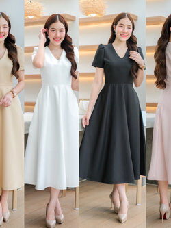 kudapy เดรสยาวสีขาว ดำ ชมพูพาสเทล ทอง แขนสั้น คอวี คัตติ้งเริศแบบอลัง เข้ารูป เก็บทรง เข้ารูป เก็บทรง ผ้าpolyester