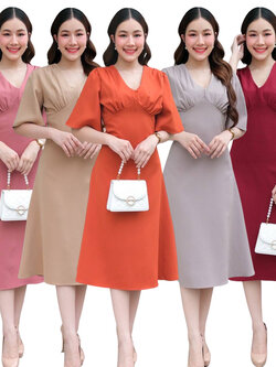 kudapy Midi dress คอวี แขนกระดิ่ง สีชมพูกลีบบัว, สีส้ม, สีกากี ,สีแดงเลือดหมู ,สีเทา น่ารักมากกกกก คัตติ้ง เอวสูงปรี๊ด กระโปรงบานตีเกร็ดเอว