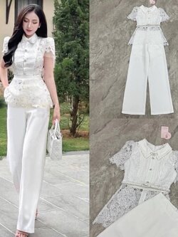 kudapy เซตเสื้อลูกไม้สีขาวคอปก+กางเกงขายาวทรงกระบอกสีขาว