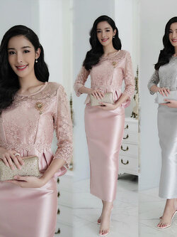 kudapy ชุดเซ็ทสีเทาเงิน/สีโรส์ดโกล ผ้าไหมญี่ปุ่น ผ้าหนาเงา เสื้อลูกไม้ใยบวบ เอวระบายคอกลม