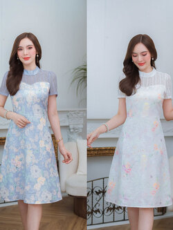 kudapy เดรสสั้นสีขาว/สีม่วง ผ้าทอเนื้อนุ่มพิมพ์ลาย เนื้อผ้าสวย มีเทคเจอร์ ใส่สบายสัมผัสนุ่ม