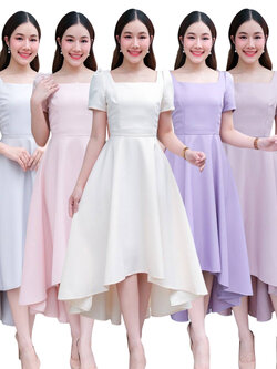 kudapy เดรสกระโปรงทรงหน้าสั้นหลังยาว/สีขาวงาช้าง/สีม่วง/สีชมพูพาสเทล/สีเทาอ่อน/สีชมพูกลีบบัว แขนสั้น คอเหลี่ยม คัตติ้งเริศแบบอลัง