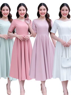 kudapy เดรสสั้นสีขาว/สีชมพูอ่อน/สีชมพูเข้ม/สีเขียวมิ้นท์ แขนสั้น คอปาด กระโปรงบาน สวยใส่สบาย