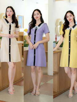 kudapy เดรสสั้นสีครีม/สีเหลือง/สีม่วง ผ้าทวิตปกลูกไม้ แขนสั้นใส่สบาย