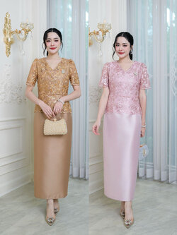 kudapy เดรสผ้าไหม ลูกไม้ปักแต่งเลื่อมทั้งชุดคอวี แต่งซิปหลัง มีซับใน กระโปรงผ่าหลัง