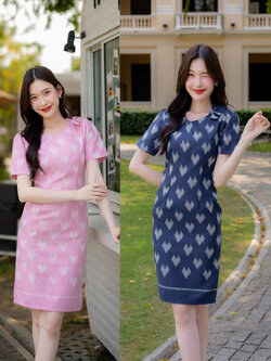 kudapy เดรสสั้นสีชมพู/สีกรม ผ้าไทยลายหัวใจ ใส่ทำงาน ใส่ออกงานสวยดูดี