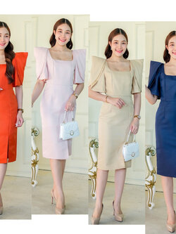 kudapy เดรสสั้นสีชมพู/สีทอง/สีกรมท่า/สีส้ม ทรงสอบ คอเหลี่ยม แขนสั้นสองชั้น กระโปรงทรงสอบ เก็บสะโพก เอวสูง