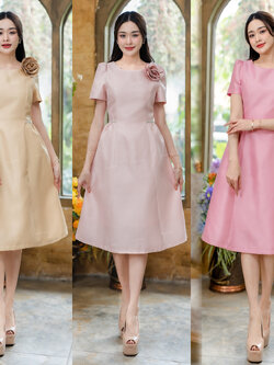 kudapy เดรสสั้นสีชมพู/สีทอง/สีชมพูพิ้งโกล ผ้าจิตลดา ตัวผ้าไหมจิตลดา ทรงเอทรงเจ้าหญิง คอกลมปาด แขนสั้นยกไหล่