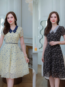 kudapy เดรสสั้นสีเหลือง/สีดำ ผ้าชีฟองคอปก คอปกมีดีเทลสองชั้นช่วงปลายปกและแต่งอะไหล่หัวใจ แต่งระบาย ช่วงไหล่ และแต่งกระดุม