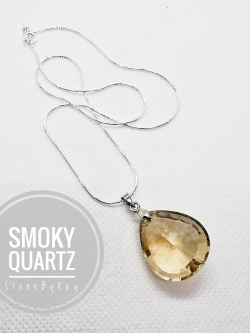 สร้อยคอเงินจี้หินสโมกกี้ควอตซ์เจียรเหลี่ยม