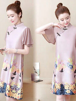 kudapy ชุดเดรสสั้นสีชมพู ชุดจีนผ้าใส่สบาย ชุดลำลอง ใส่ออกงานสวยดูดี