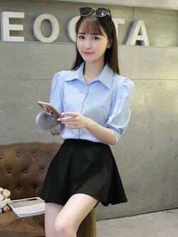 kudapy เสื้อเชิ้ตใส่ทำงานสีฟ้าคอปก แขนสั้น กระดุมหน้า