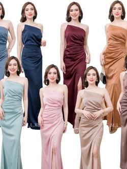 kudapy เดรสยาวสีชมพูกลีบบัว/สีชมพูเผือก/สีกรม/สีอื่นๆ เดรสใส่ออกงาน เปิดไหล่ ใส่สบายตัว