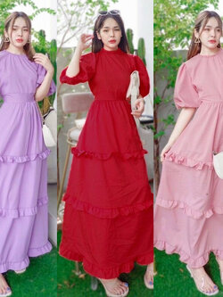 kudapy แม็กซี่เดรสยาว แขนพองผูกคอหลัง มีผูกเอว ผ้าไหมอิตาลี่สีพื้น แต่งระบาย 3 ชั้น