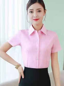 kudapy เสื้อเชิ้ตทำงานสีชมพู คอปก แขนสั้น กระดุมหน้า