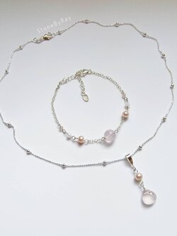 Setสร้อยคอเงินจี้หินโรสควอตซ์กับไข่มุก Rose Quartz&Pearl