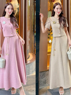 kudapy เซ็ทเสื้อแขนตุ้กตา เสื้อ กระโปรงเอวสูง เข็มกลัดดอกไม้ เข็มขัดโซ่