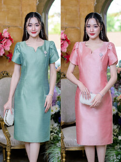 kudapy เดรสสั้นสีโรสโกล/สีเขียว ผ้าไหมสี่เส้น ผ้าเนื้อนิ่มผ้าเบาบาง อัดกาวทั้งชุด+แถมเข็มกลัด