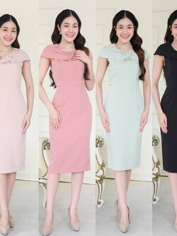 kudapy เดรสสั้นสีดำสีชมพูเข้ม/สีครีมนู๊ด/สีเขียวมิ้น คอปกบัว แขนคลุมบ่า กระโปรงสอบทรงดินสอซิปหลัง