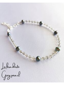สร้อยข้อมือเงินหินลาบราโดไลท์+ไข่มุกสีเทา Labradorite+Grey Pearl