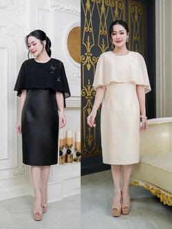 kudapy เดรสผ้าไหมอัดกาวทั้งชุด ทรงสวยคลุมไหล่พรางแขน แต่งผีเสื้อเรียงตัวเล็กๆช่วงไหล่