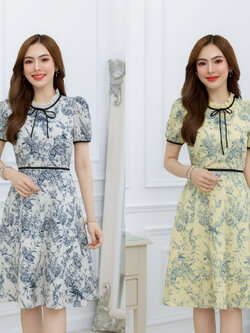 kudapy เดรสสั้นสีครีม/สีเหลือง พิมพ์ลาย แพทเทิร์นสวยเรียบๆ มีดีเทลจับจีบช่วงคอ ผูกโบว์สวยเก๋