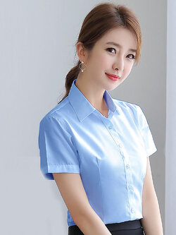 kudapy เสื้อเชิ้ตทำงานสีฟ้า คอปก แขนสั้น