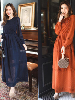 kudapy maxxi เดรสยาวผ้าชีฟองสีกรมท่า สีส้มอิฐ แขนยาว คอกลมแต่งกุ้นลาย3มิติ